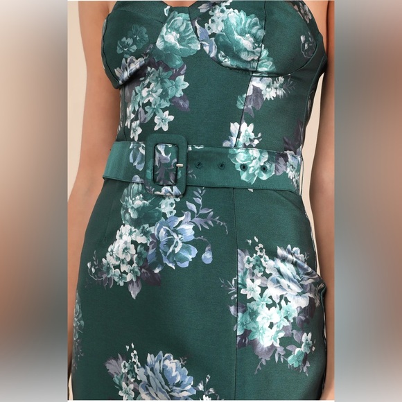 NWT Lulus Emerald Floral Taffeta Belted Strapless Maxi Dress | Size Medium - Picture 2 of 8